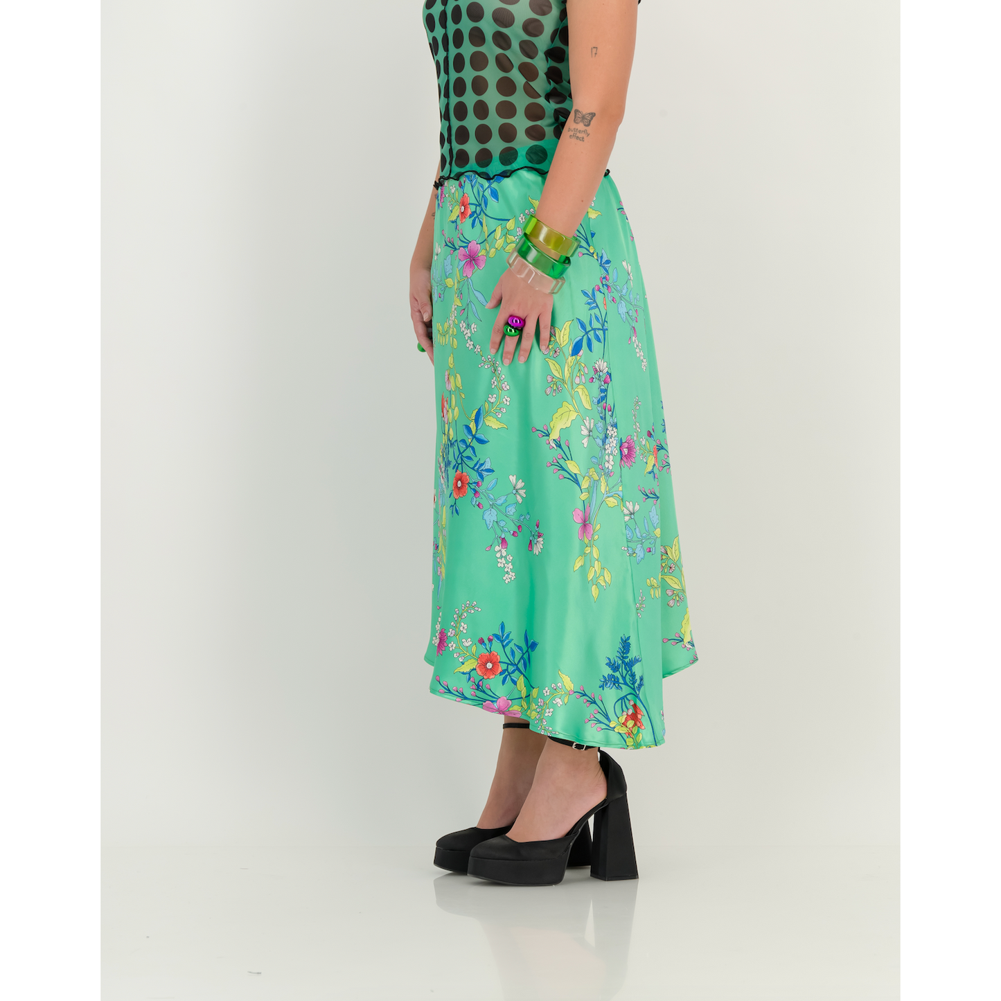 Satin Print Skirt in Green Based Floral